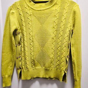 Women's Side Buttons Cable Knit Long Sleeves Sweater - Lime Green - Sz SML